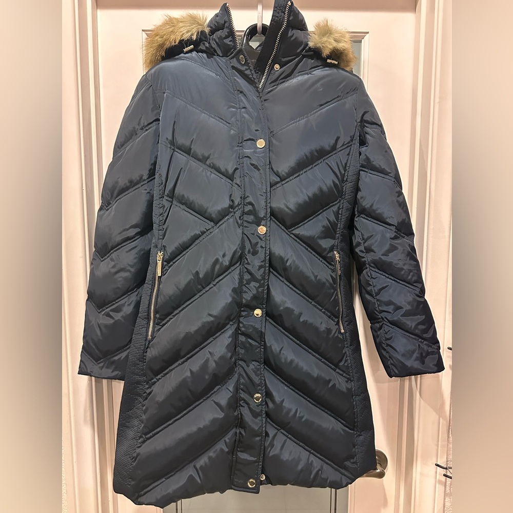 MICHAEL KORS Down Puffer Coat Faux Fur Trim Remov. Hood Knee Length Navy Blue L